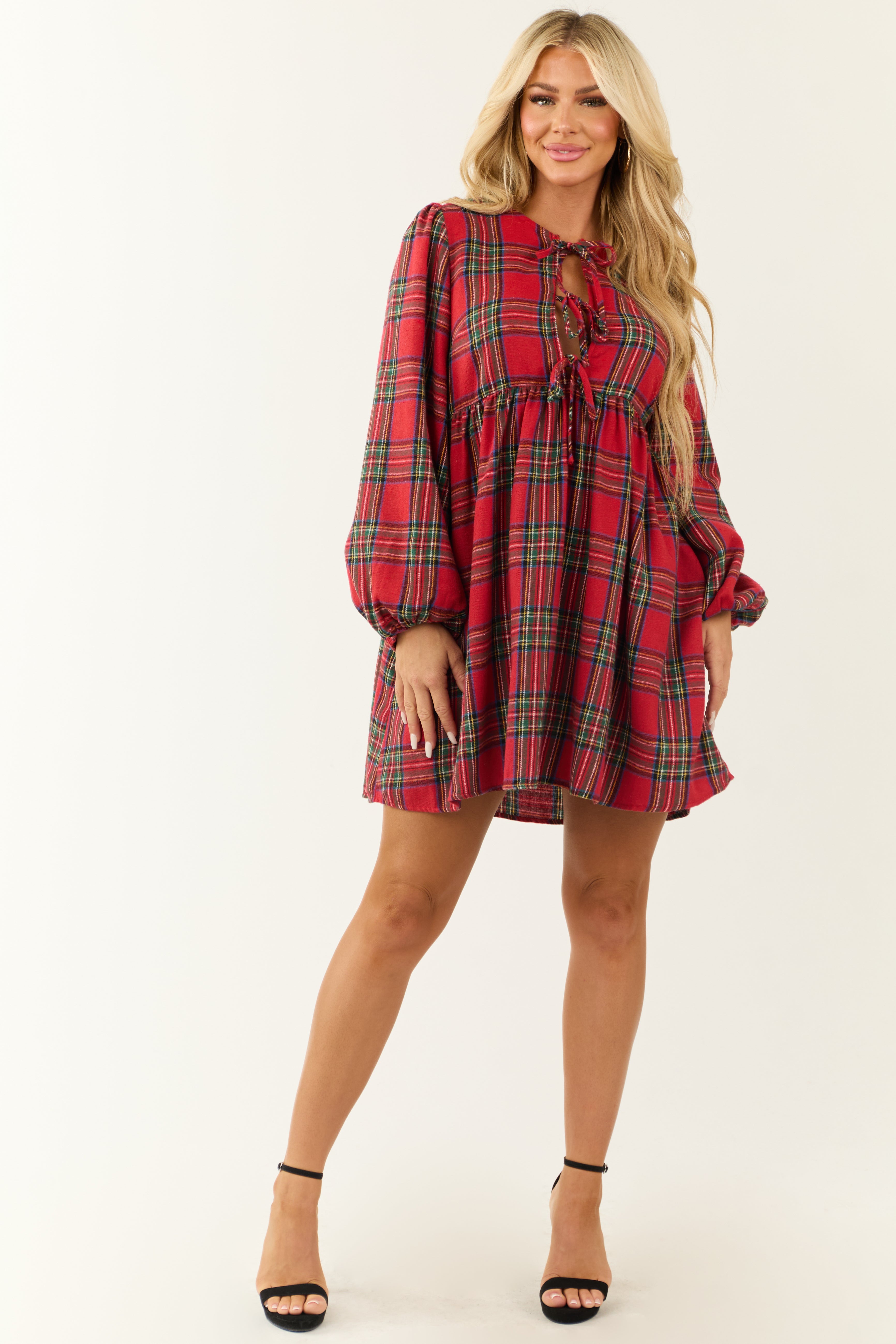 Ruby Plaid Front Tie Long Sleeve Short Dress