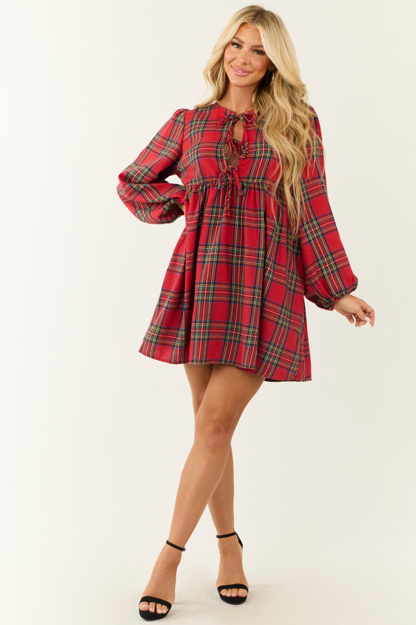 Ruby Plaid Front Tie Long Sleeve Short Dress