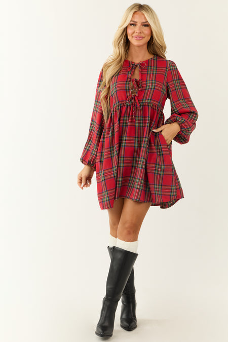 Ruby Plaid Front Tie Long Sleeve Short Dress