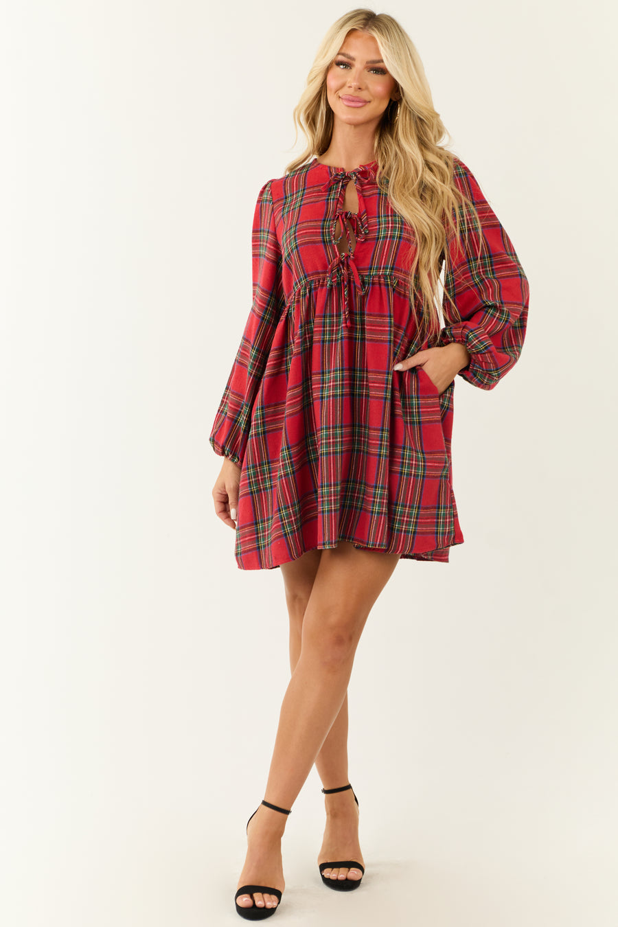 Ruby Plaid Front Tie Long Sleeve Short Dress