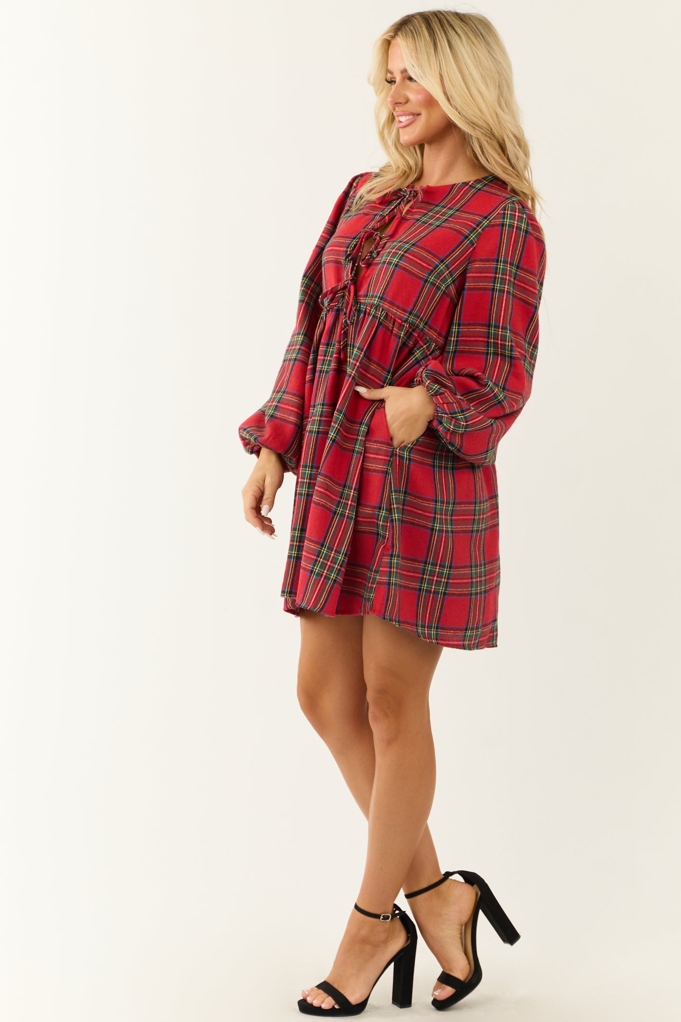 Ruby Plaid Front Tie Long Sleeve Short Dress