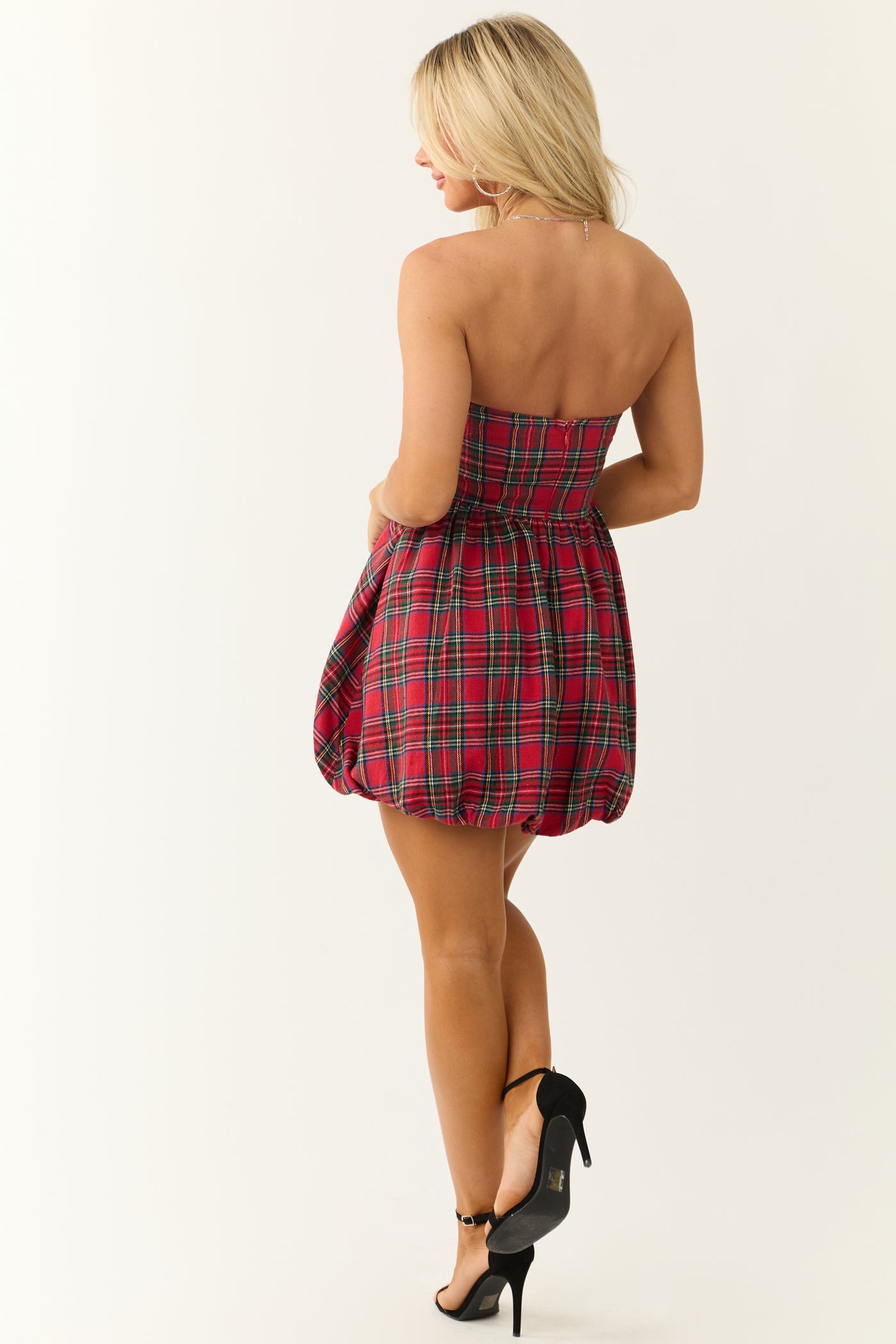 Ruby Plaid Strapless Bubble Hem Mini Dress