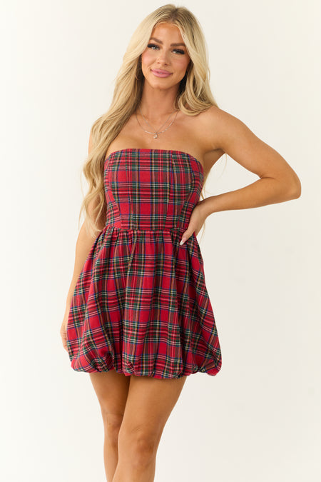 Ruby Plaid Strapless Bubble Hem Mini Dress