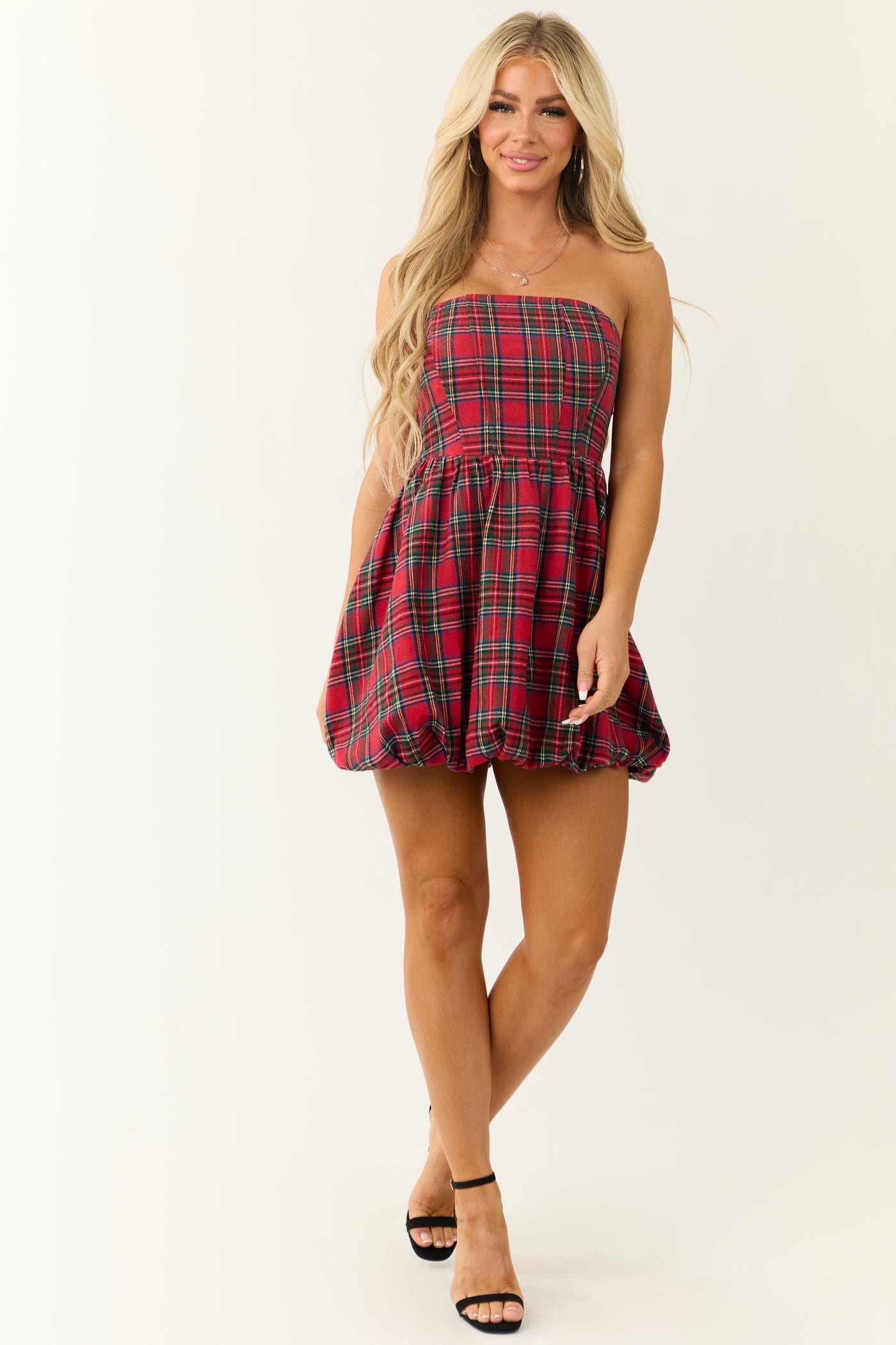 Ruby Plaid Strapless Bubble Hem Mini Dress