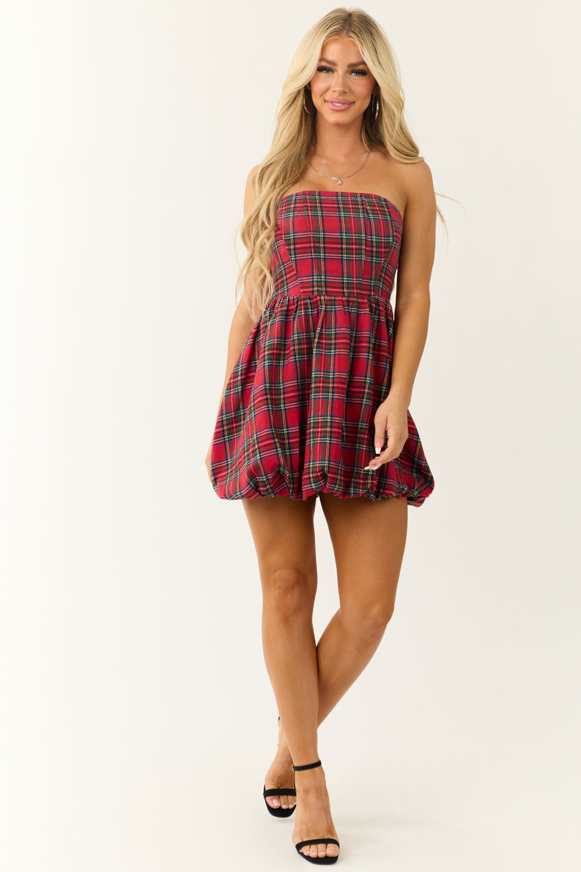 Ruby Plaid Strapless Bubble Hem Mini Dress