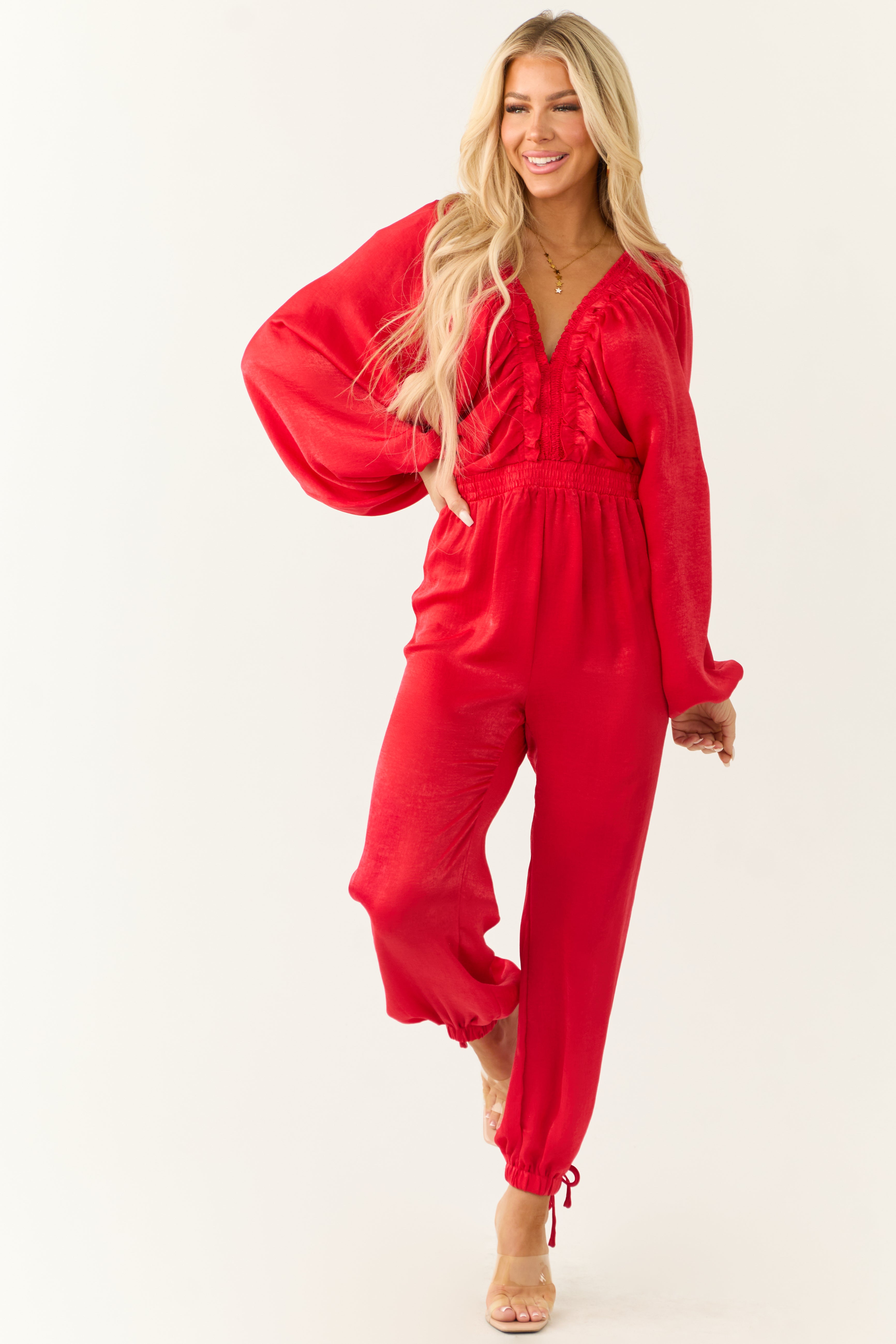 Ruby Textured Satin Deep V Neck Jumpsuit