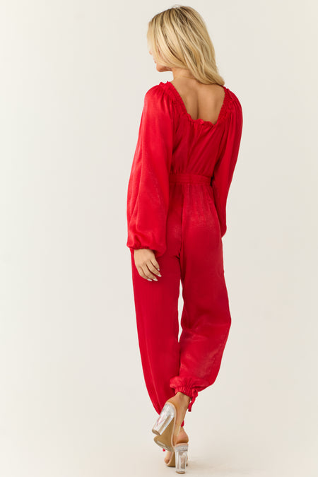 Ruby Textured Satin Deep V Neck Jumpsuit