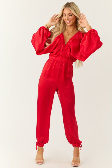 Ruby Textured Satin Deep V Neck Jumpsuit