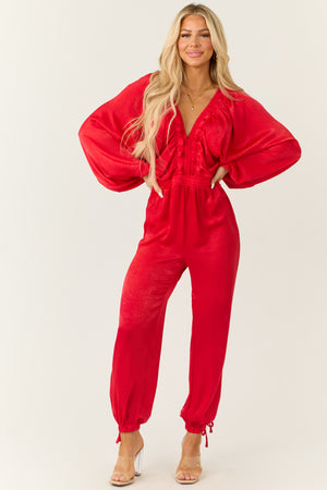 Ruby Textured Satin Deep V Neck Jumpsuit