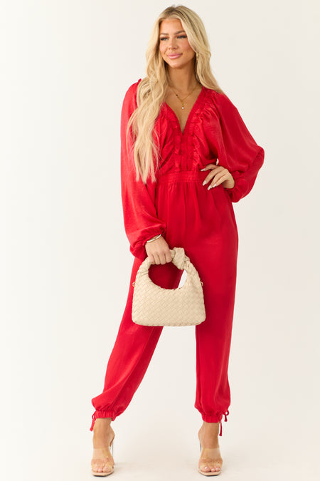 Ruby Textured Satin Deep V Neck Jumpsuit