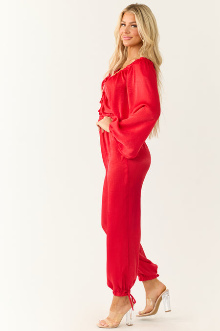 Ruby Textured Satin Deep V Neck Jumpsuit