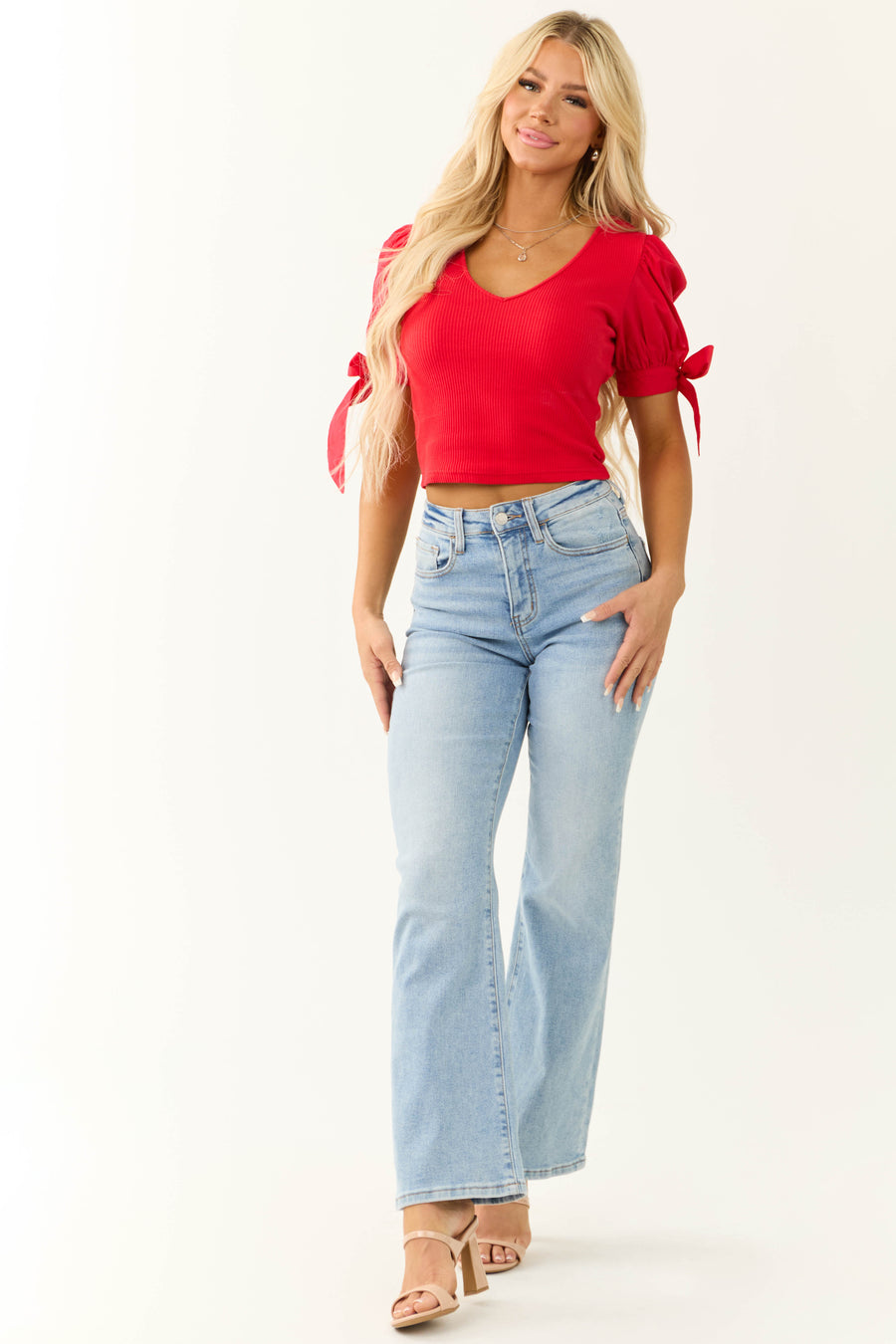 Ruby V Neck Tie Cuff Puff Sleeve Top