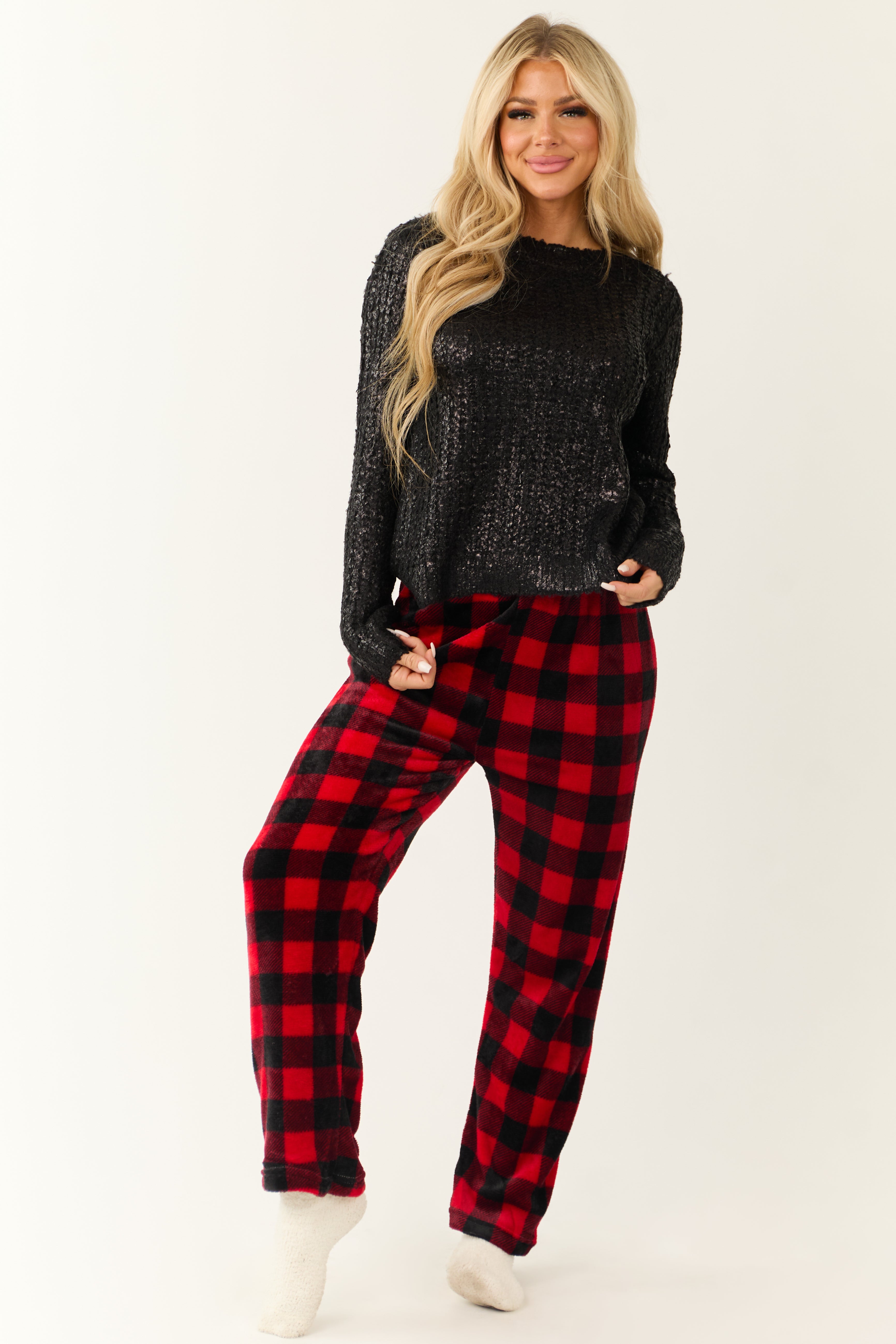 Ruby and Black Buffalo Plaid Fleece Pajama Pants