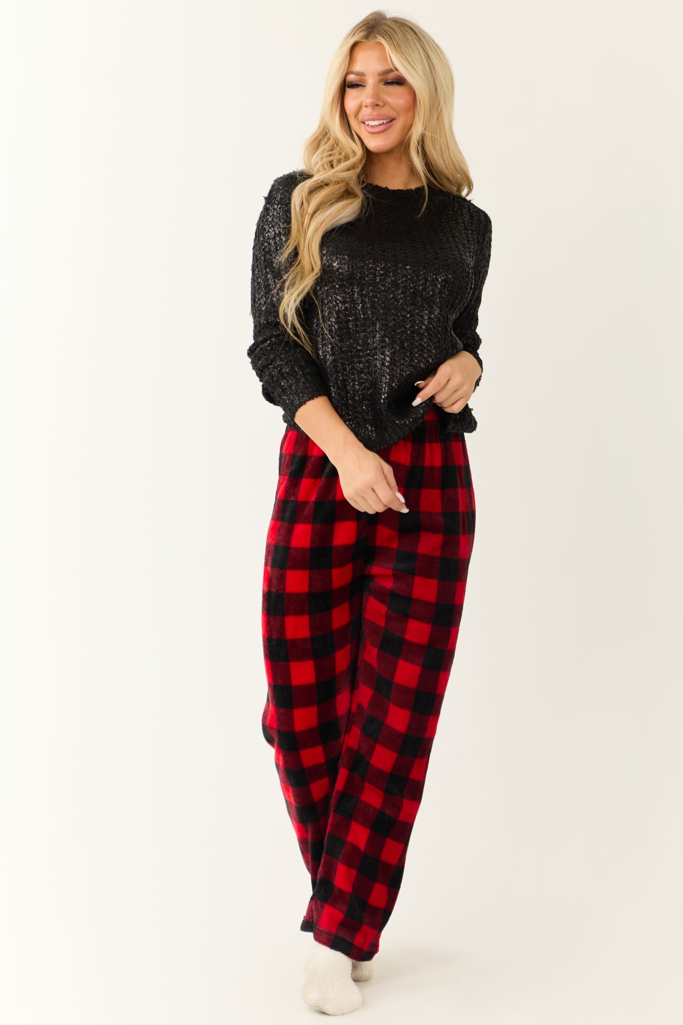 Ruby and Black Buffalo Plaid Fleece Pajama Pants