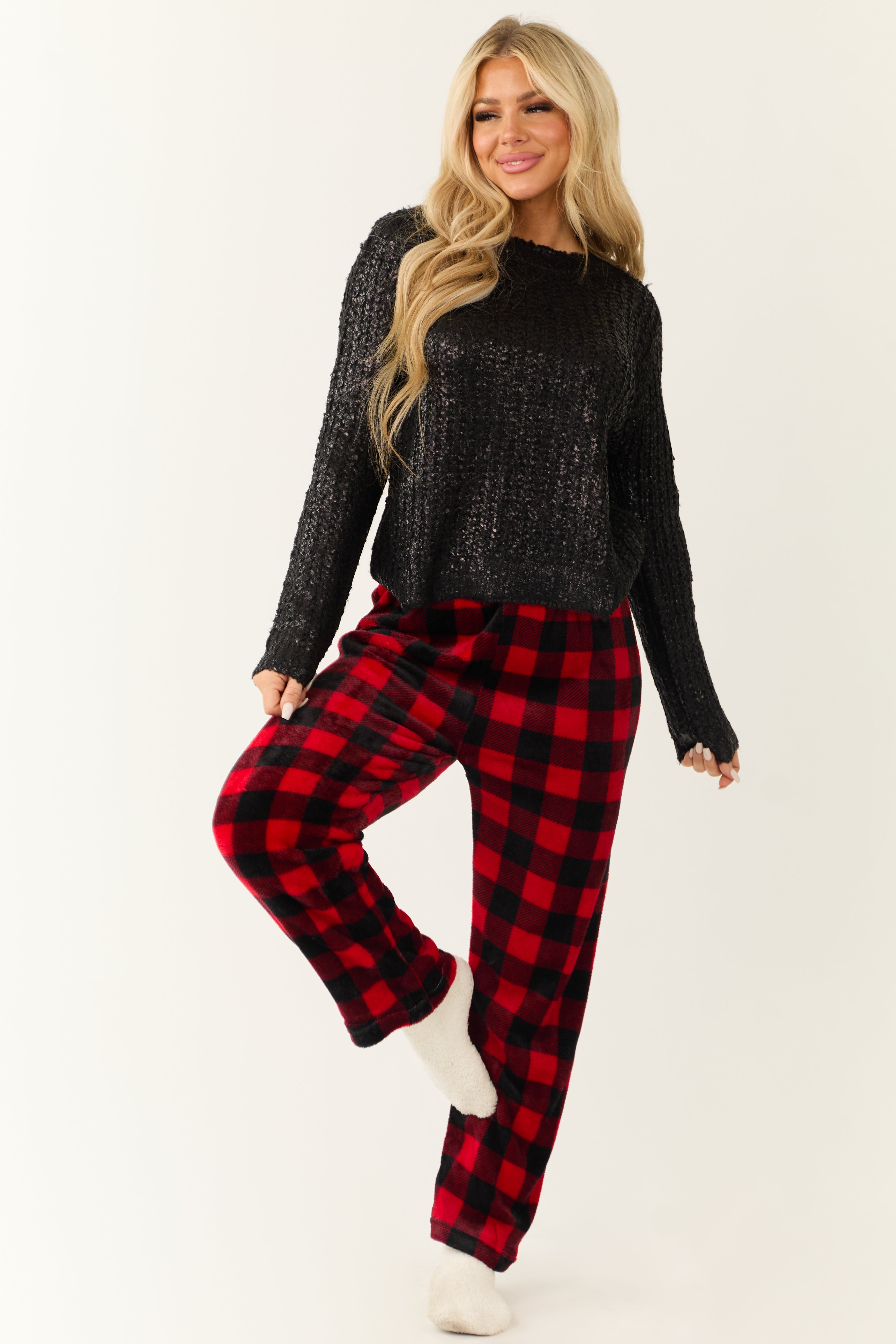 Ruby and Black Buffalo Plaid Fleece Pajama Pants