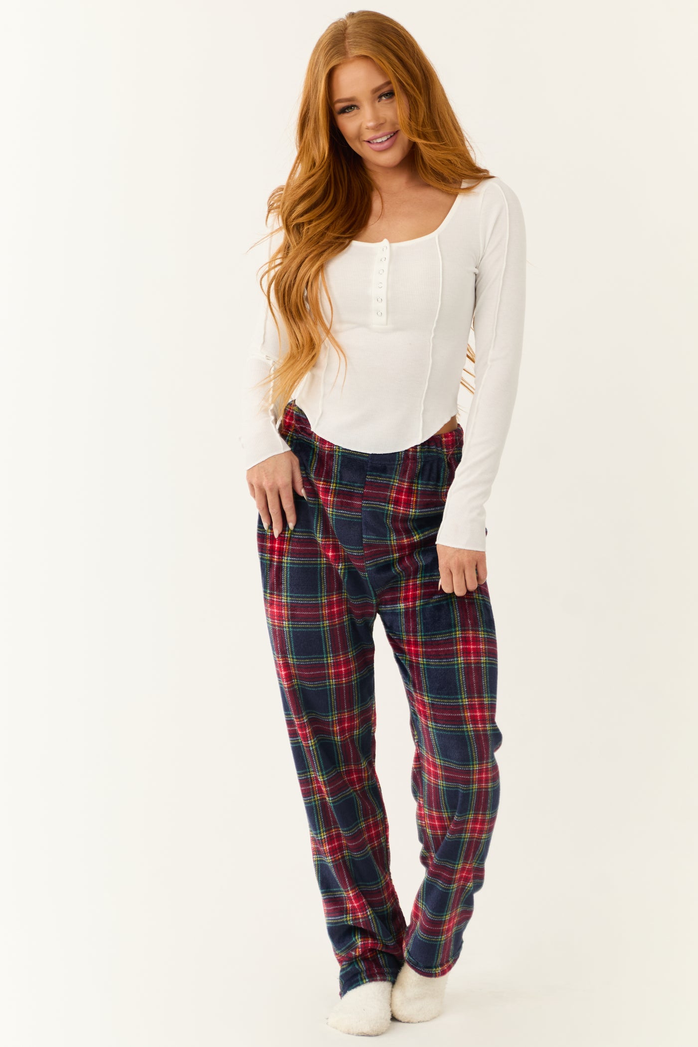 Ruby and Navy Plaid Fleece Pajama Pants