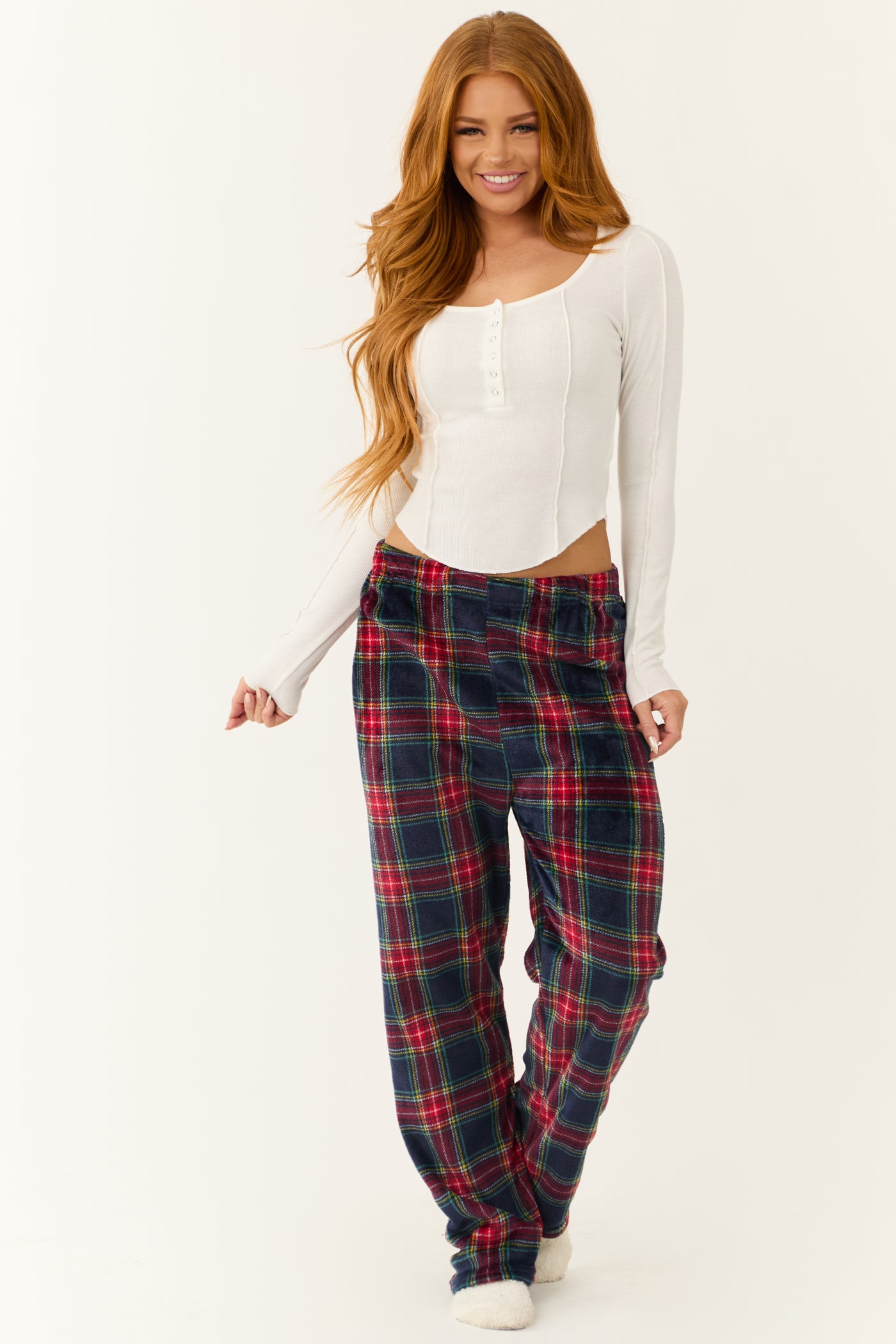 Ruby and Navy Plaid Fleece Pajama Pants