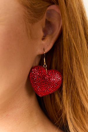 Ruby Heart Cushion Rhinestone Dangle Earrings