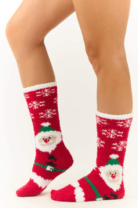 Ruby Santa and Snowflake Print Fleece Fuzzy Socks