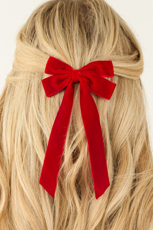 Ruby Velvet Long Ribbon Bow Hair Clip