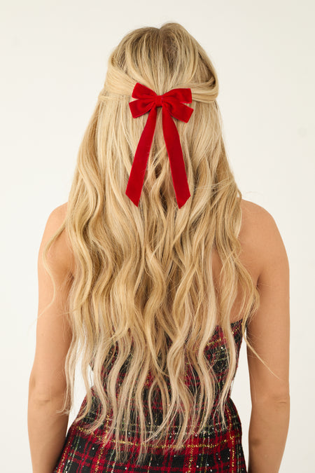 Ruby Velvet Long Ribbon Bow Hair Clip