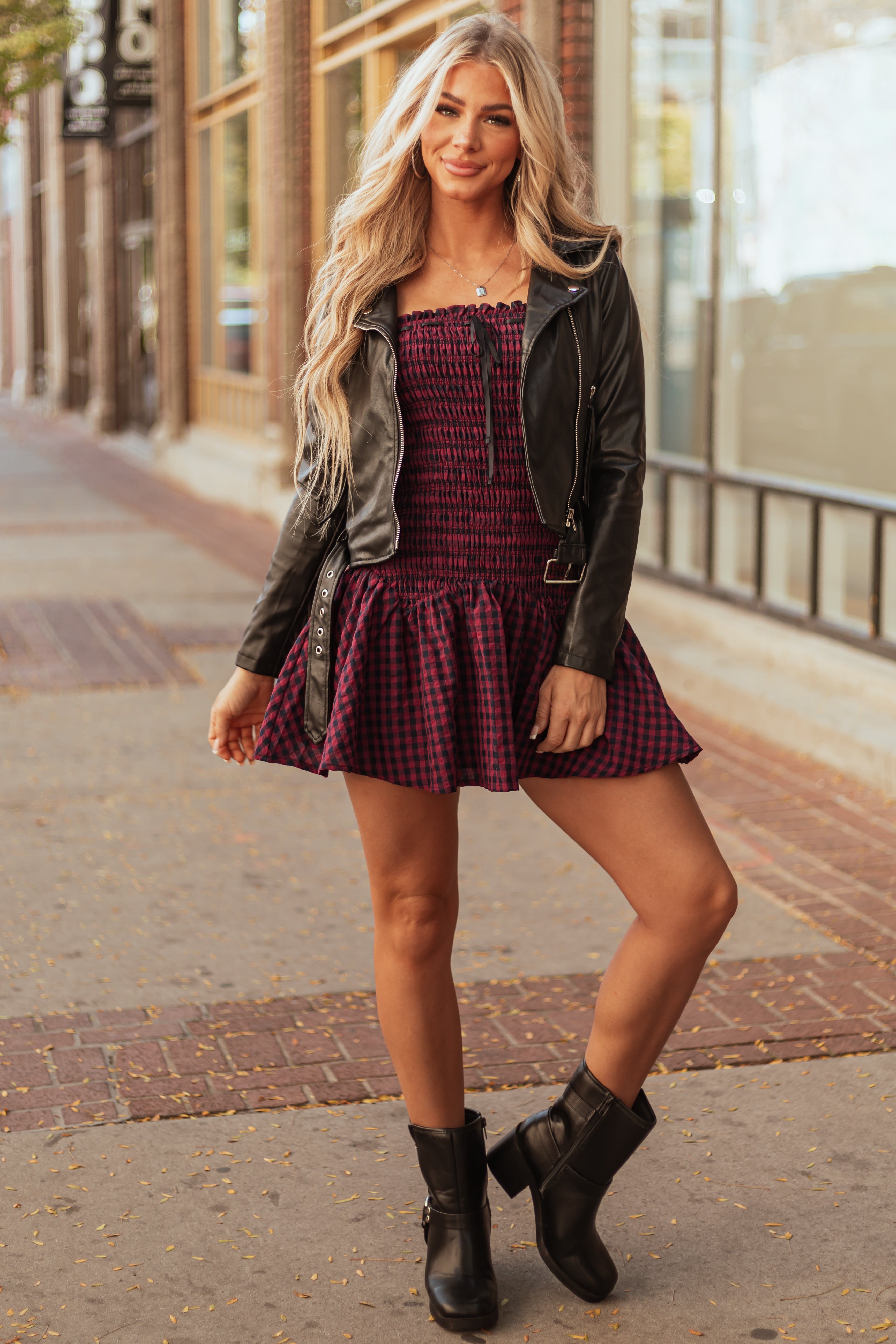 Ruby and Black Plaid Smocked Mini Dress