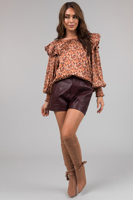 Rust Abstract Print Ruffle Long Sleeve Top