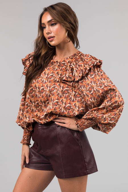 Rust Abstract Print Ruffle Long Sleeve Top