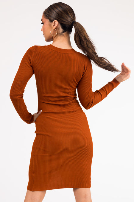 Rust Button Down Long Sleeve Ribbed Midi Dress