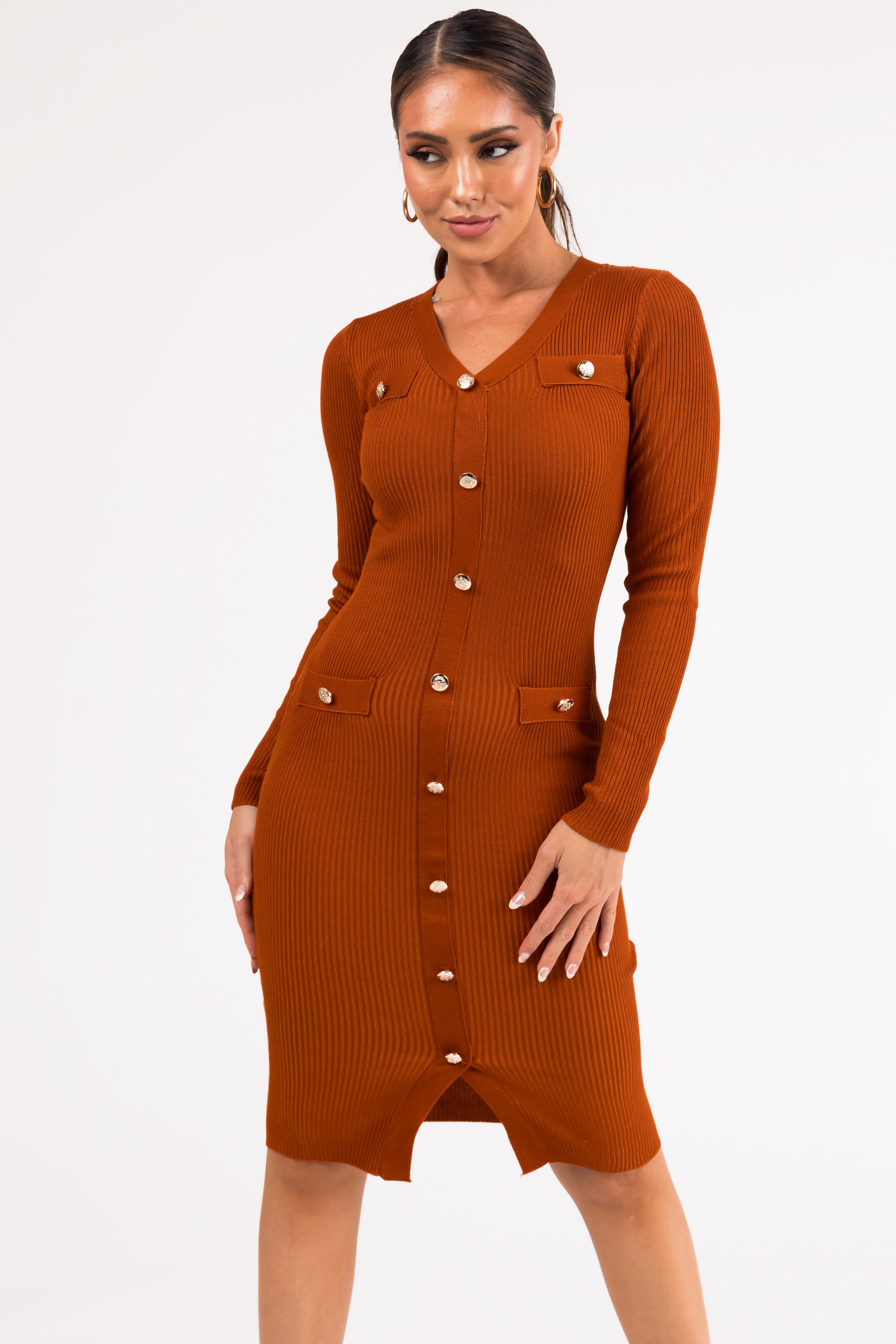 Rust Button Down Long Sleeve Ribbed Midi Dress