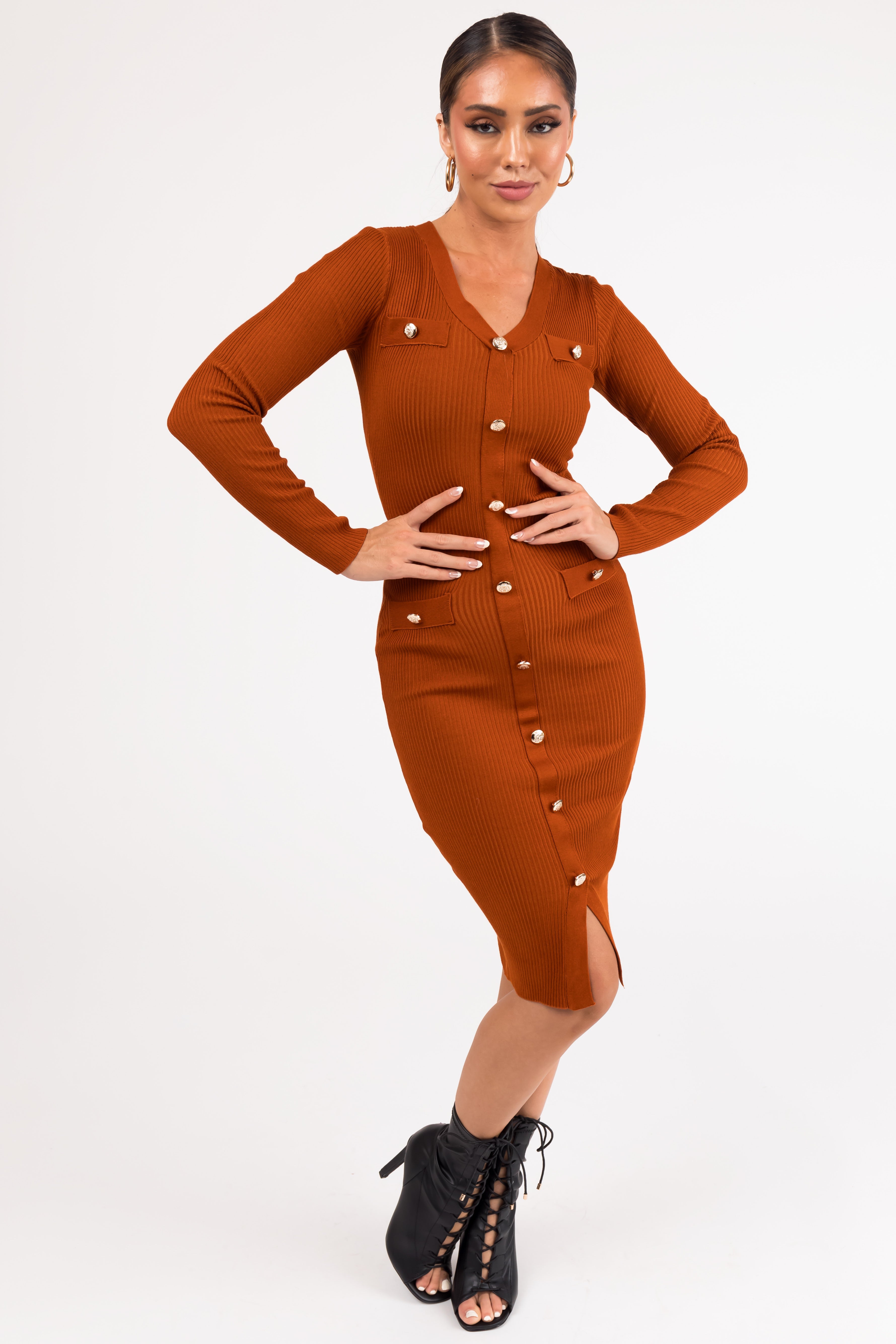 Rust Button Down Long Sleeve Ribbed Midi Dress