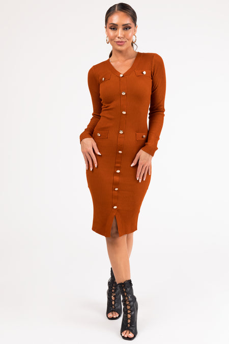 Rust Button Down Long Sleeve Ribbed Midi Dress