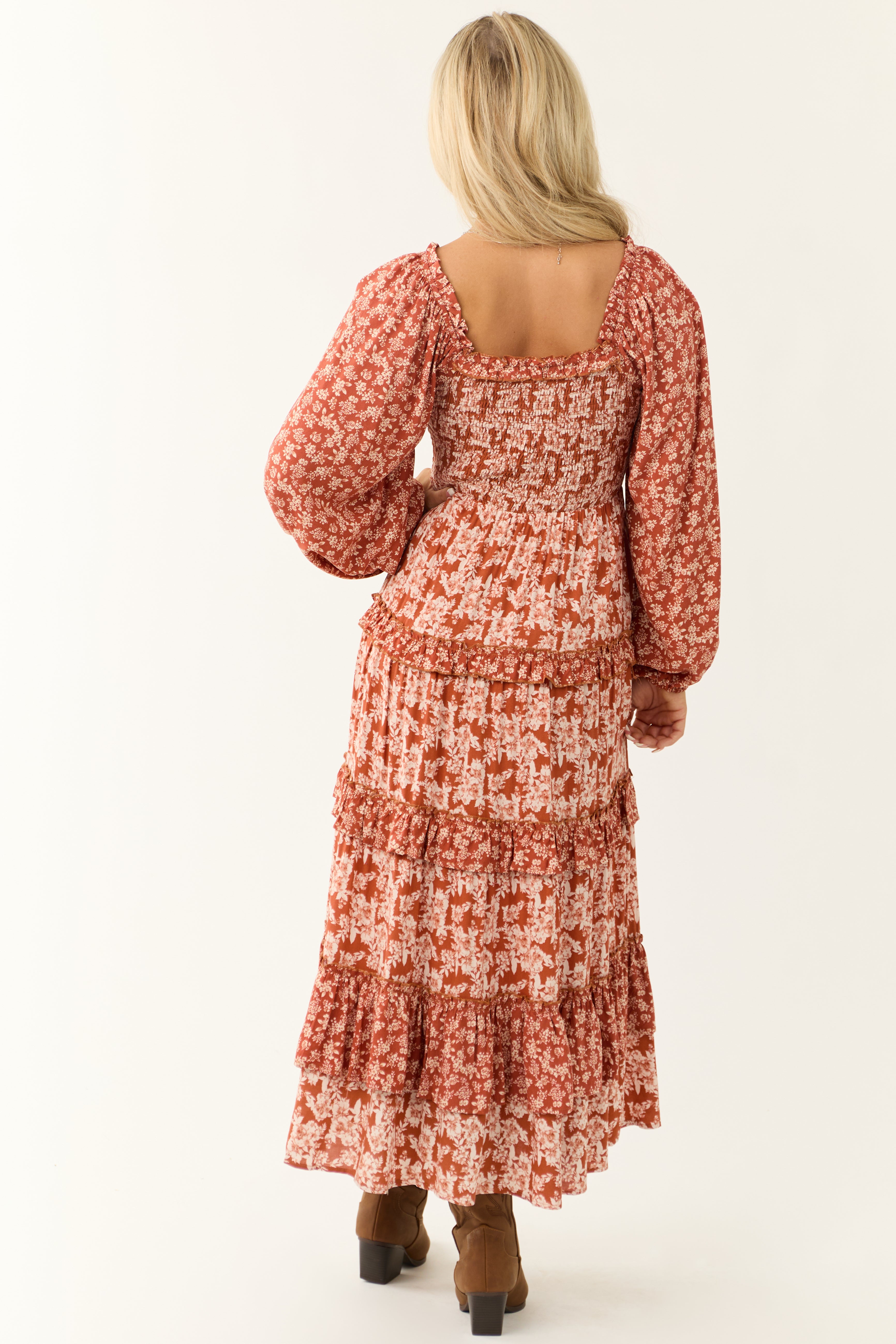 Rust Floral Print Tiered Ruffle Maxi Dress