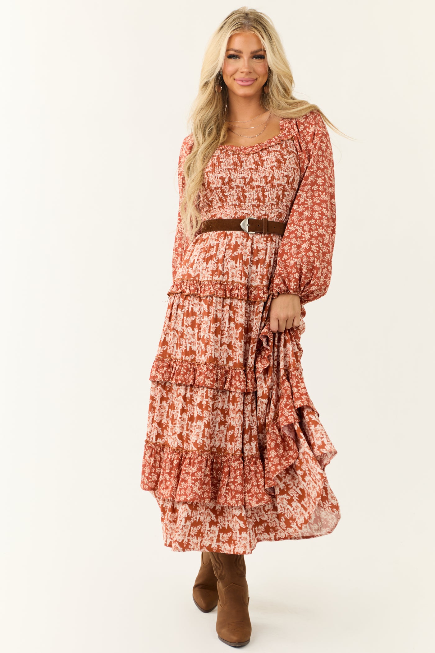 Rust Floral Print Tiered Ruffle Maxi Dress