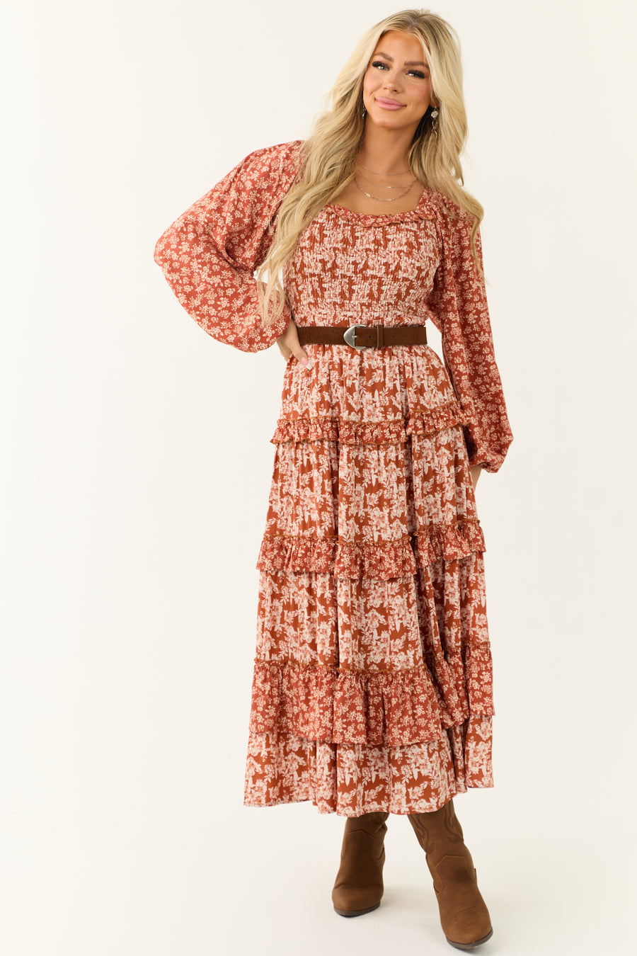 Rust Floral Print Tiered Ruffle Maxi Dress