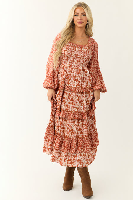 Rust Floral Print Tiered Ruffle Maxi Dress