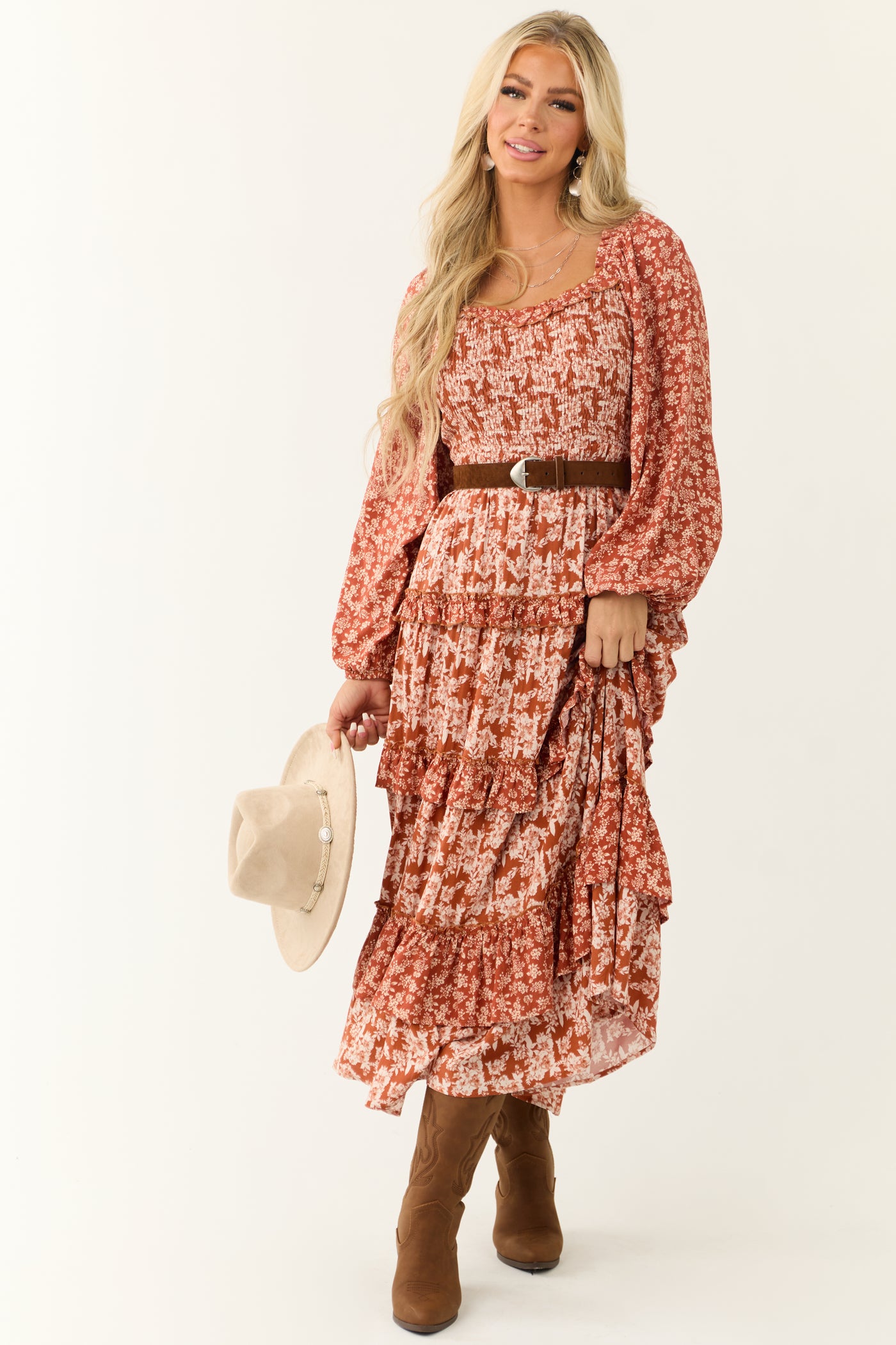 Rust Floral Print Tiered Ruffle Maxi Dress