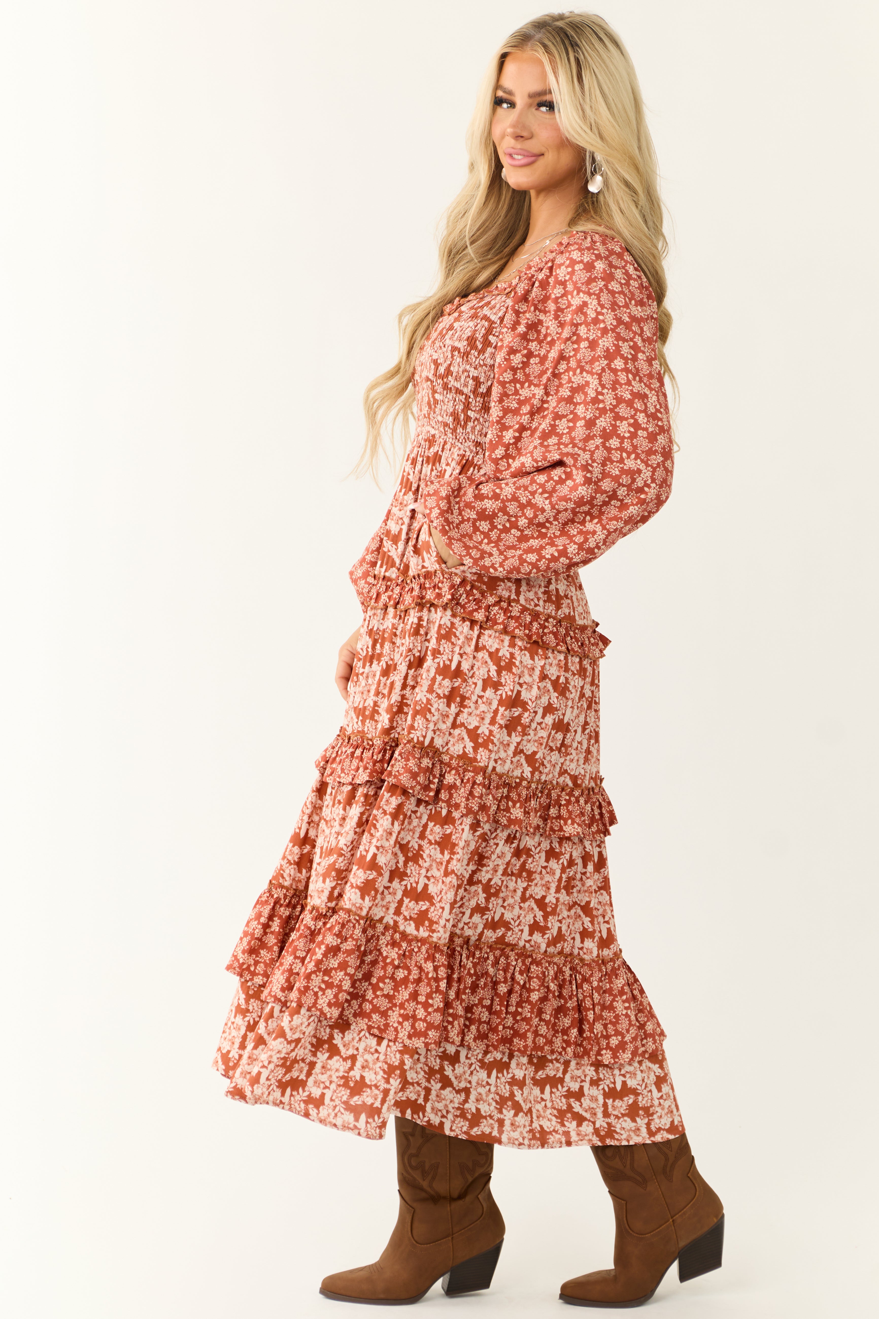 Rust Floral Print Tiered Ruffle Maxi Dress