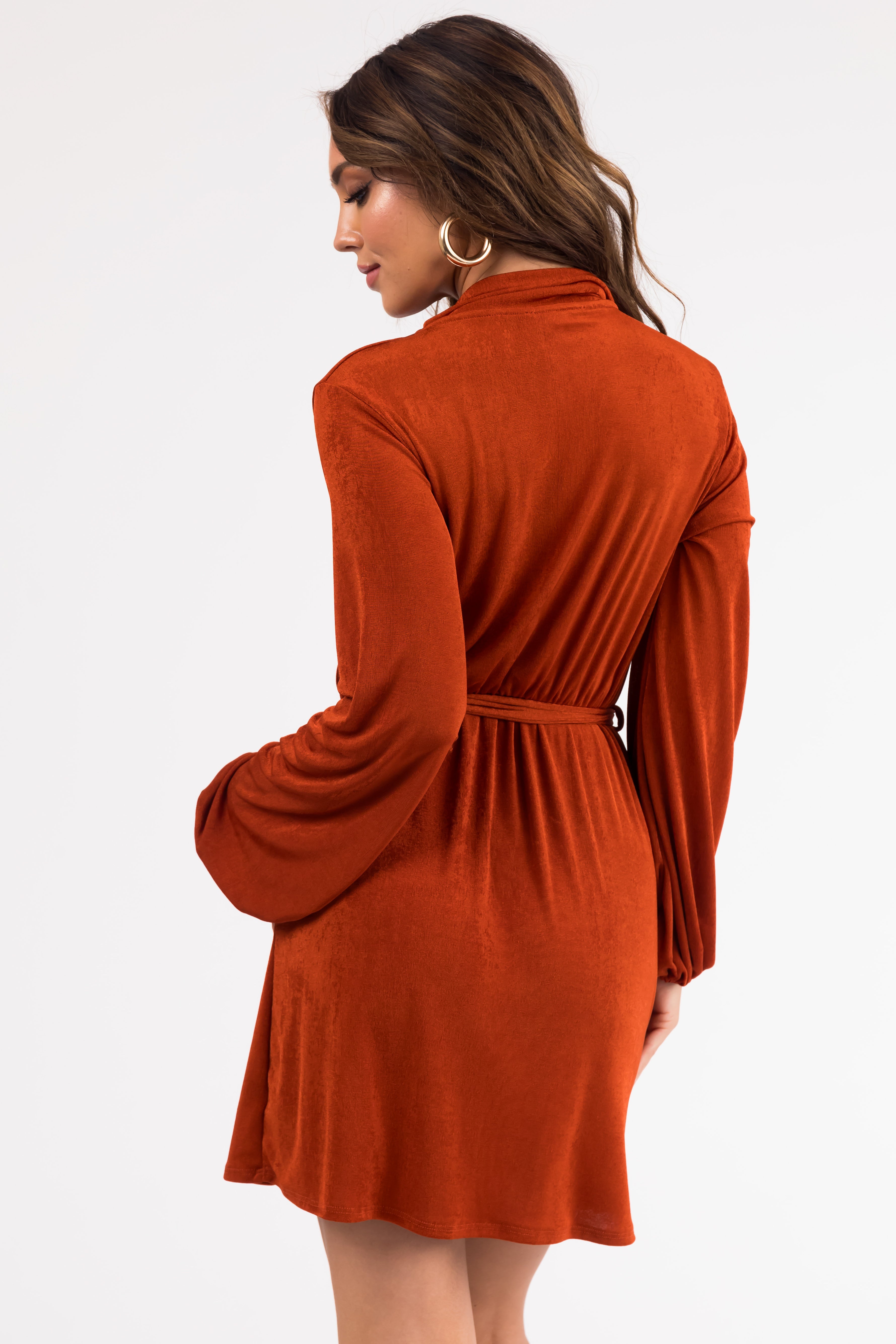 Rust Long Sleeve Surplice Short Dress