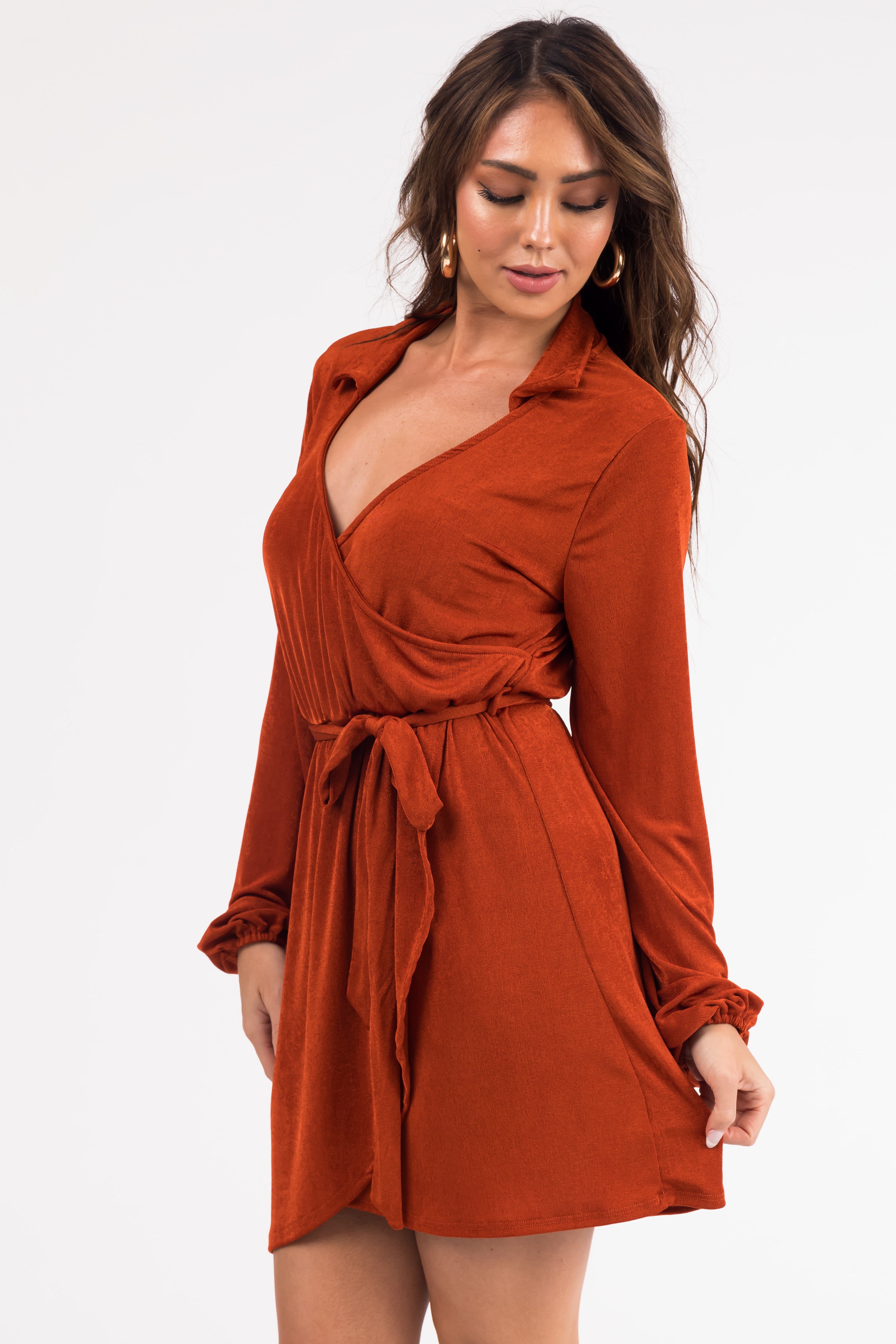 Rust Long Sleeve Surplice Short Dress