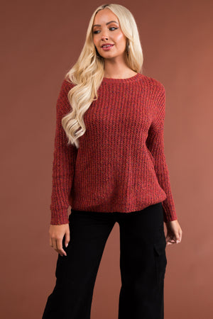 Rust Multicolored Yarn Long Sleeve Knit Sweater