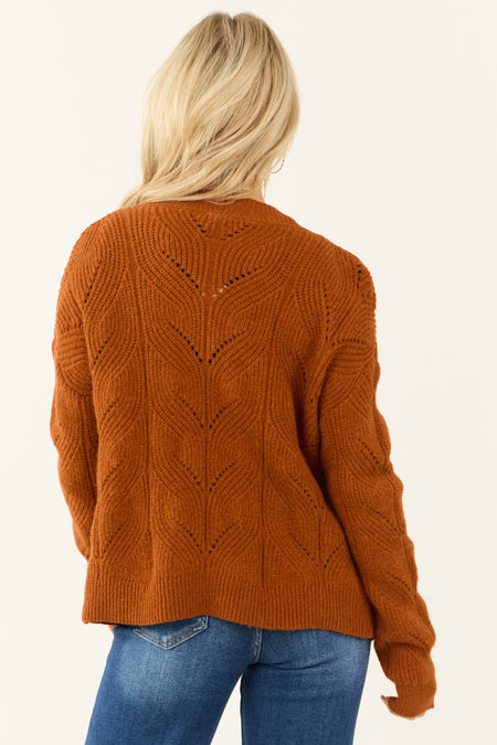 Rust Pointelle Button Down Long Sleeve Cardigan