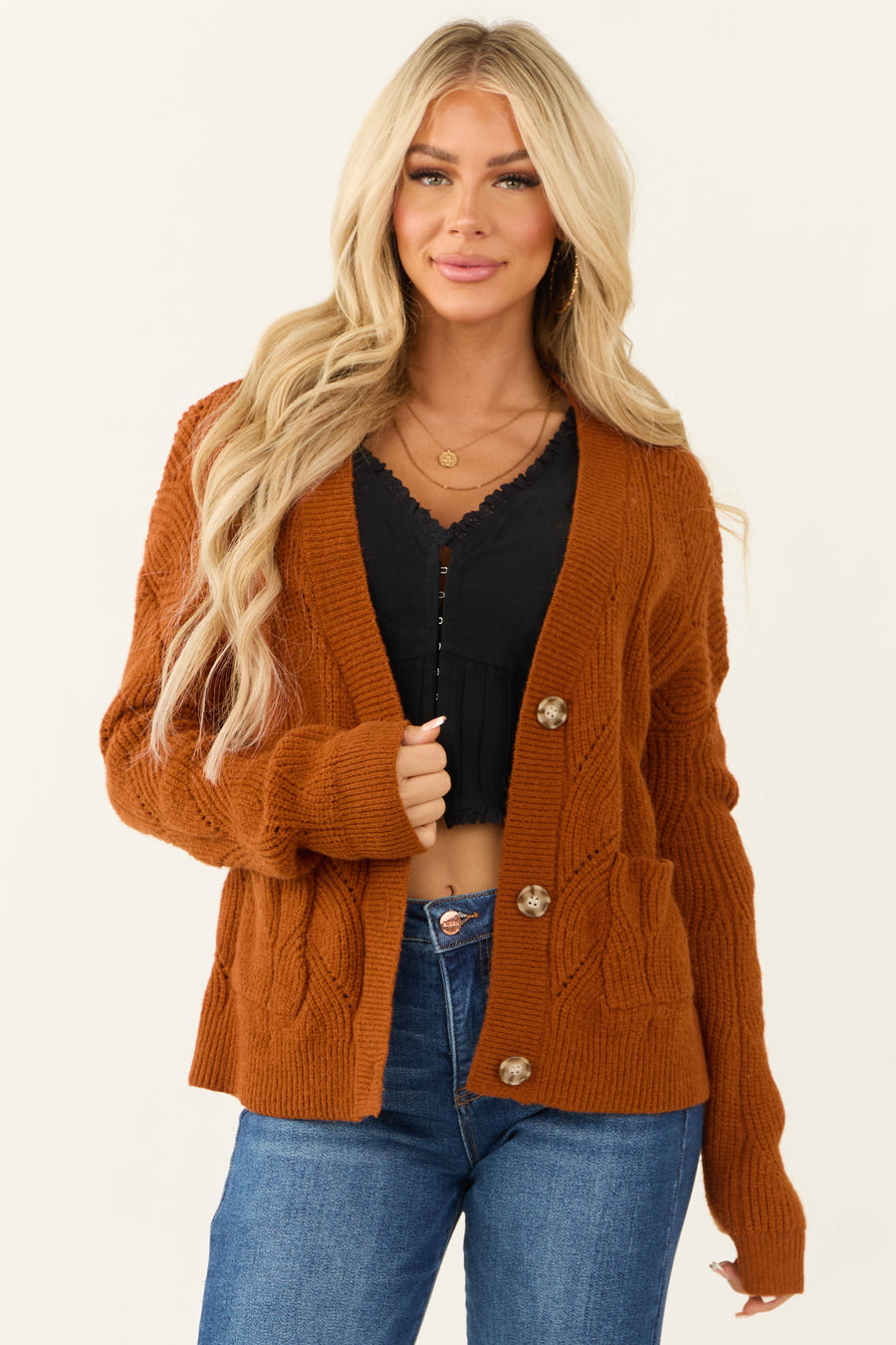 Rust Pointelle Button Down Long Sleeve Cardigan