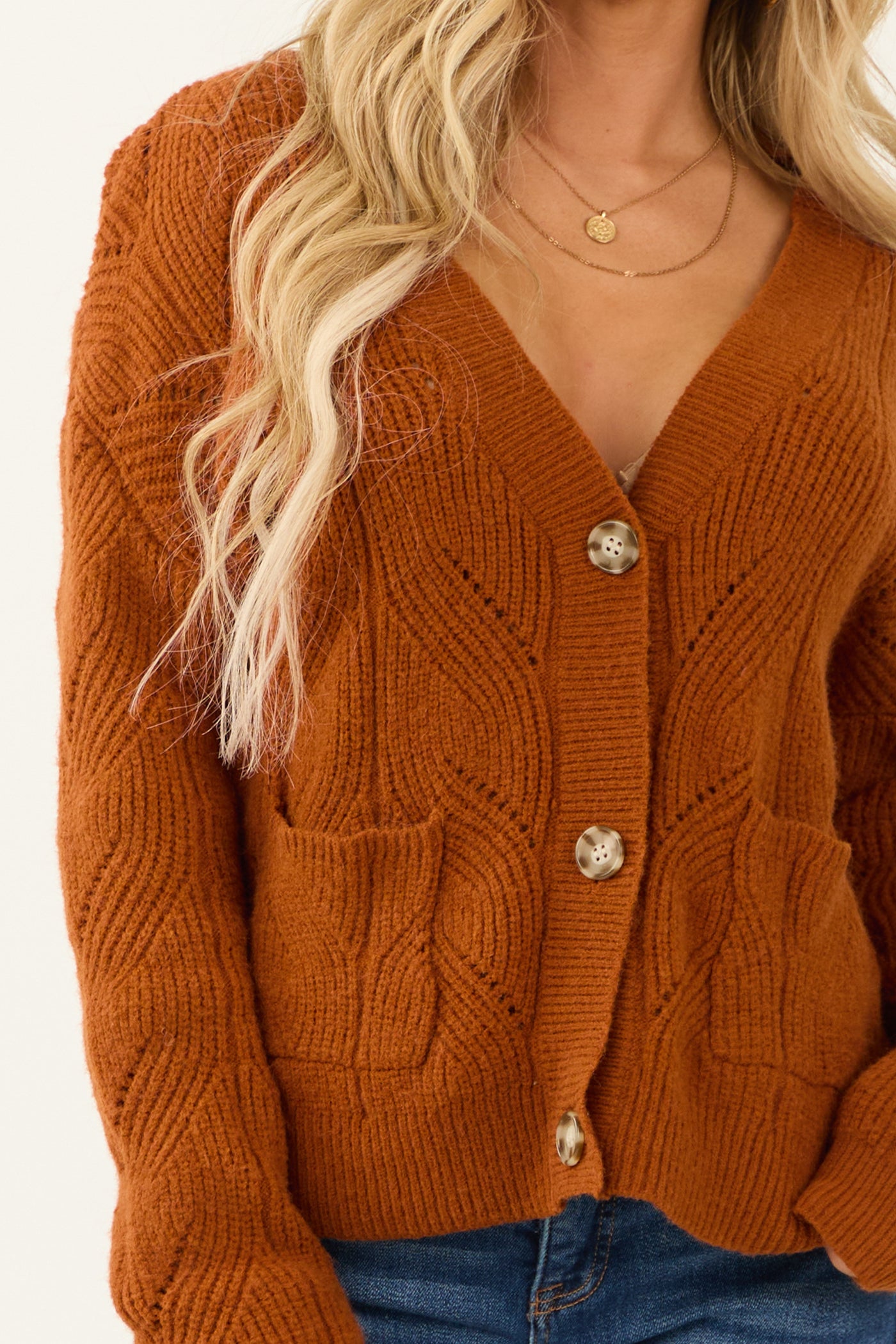 Rust Pointelle Button Down Long Sleeve Cardigan