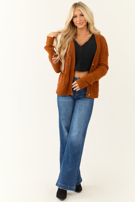 Rust Pointelle Button Down Long Sleeve Cardigan