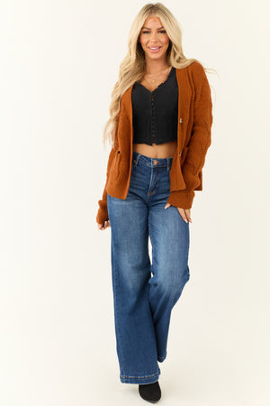 Rust Pointelle Button Down Long Sleeve Cardigan