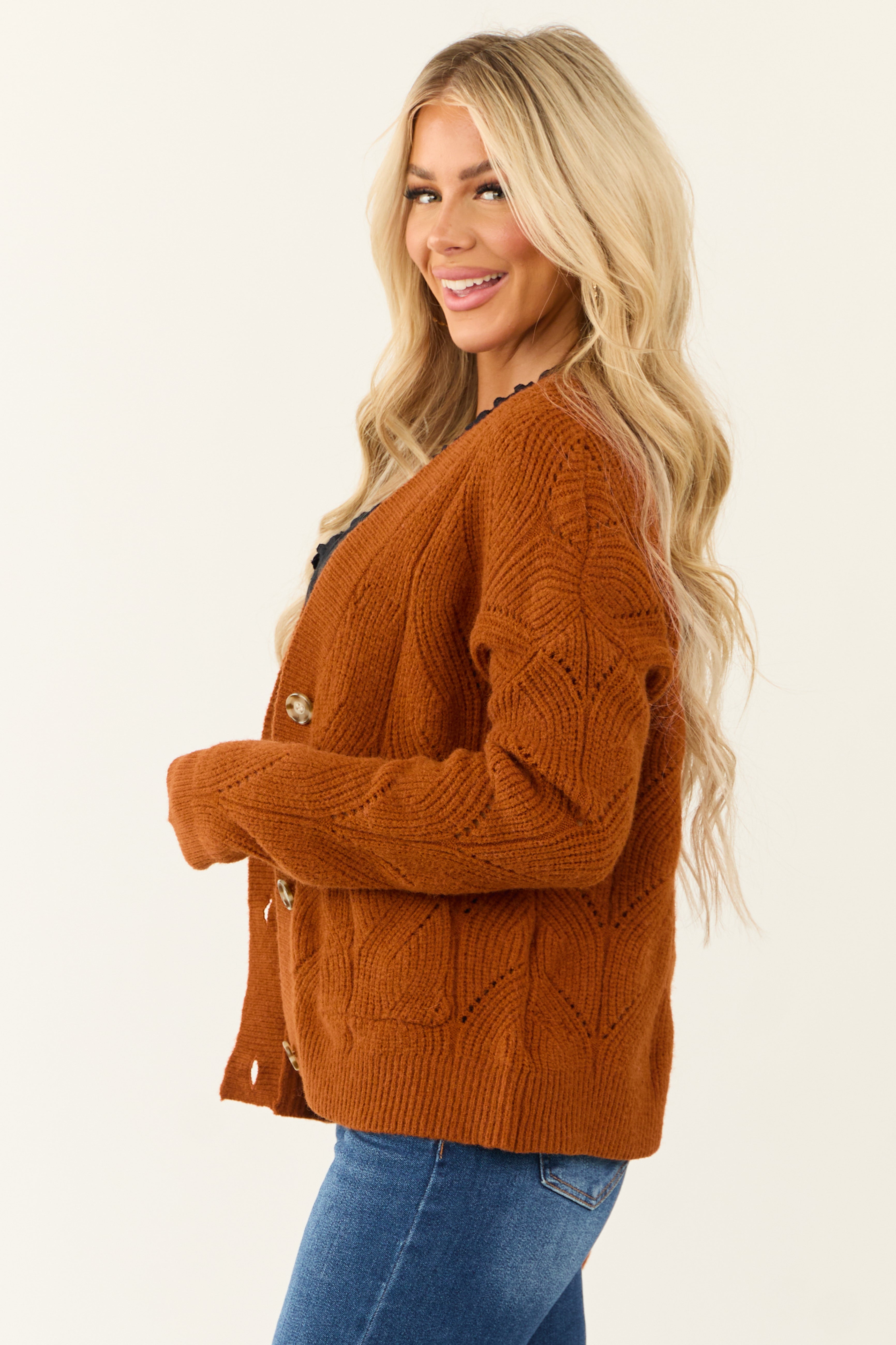 Rust Pointelle Button Down Long Sleeve Cardigan