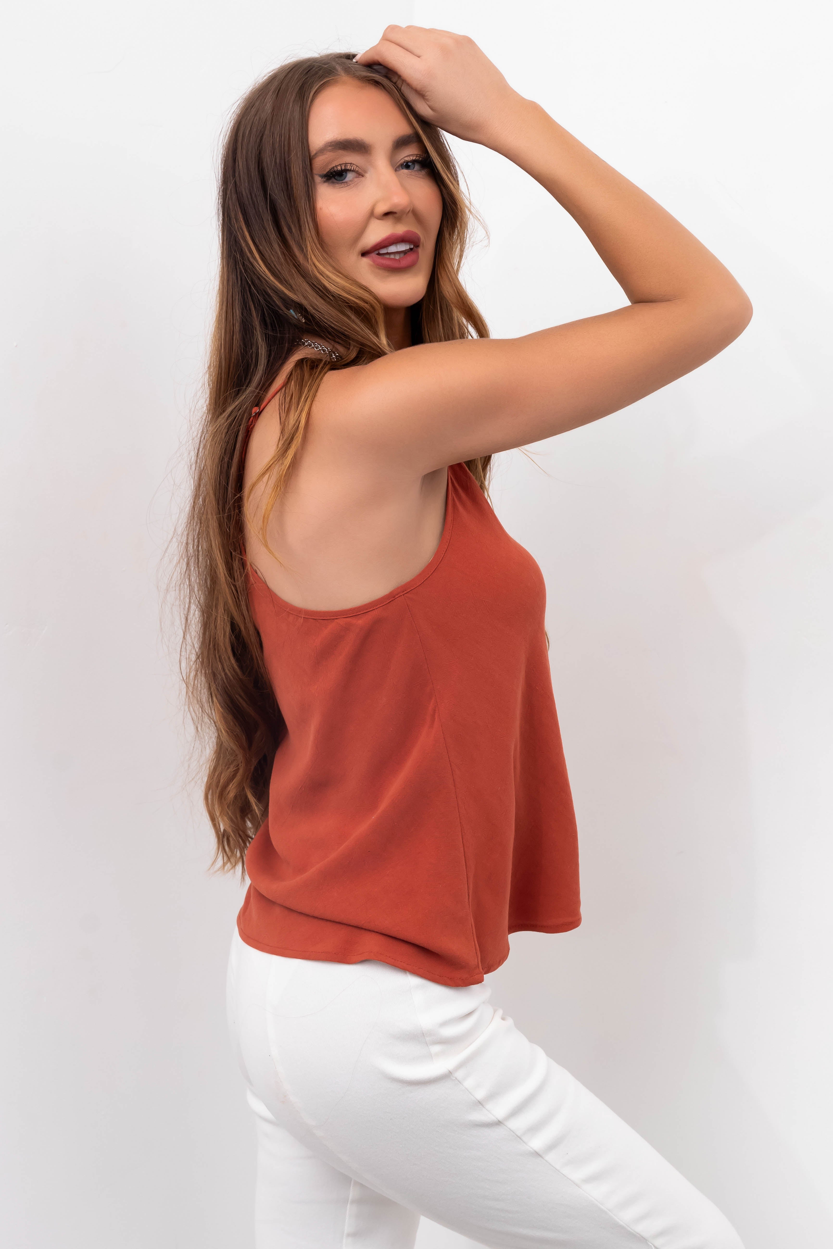 Rust Racerback V Neck Linen Tank Top