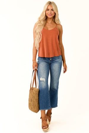 Rust V Neck Soft Knit Relaxed Fit Tank Top