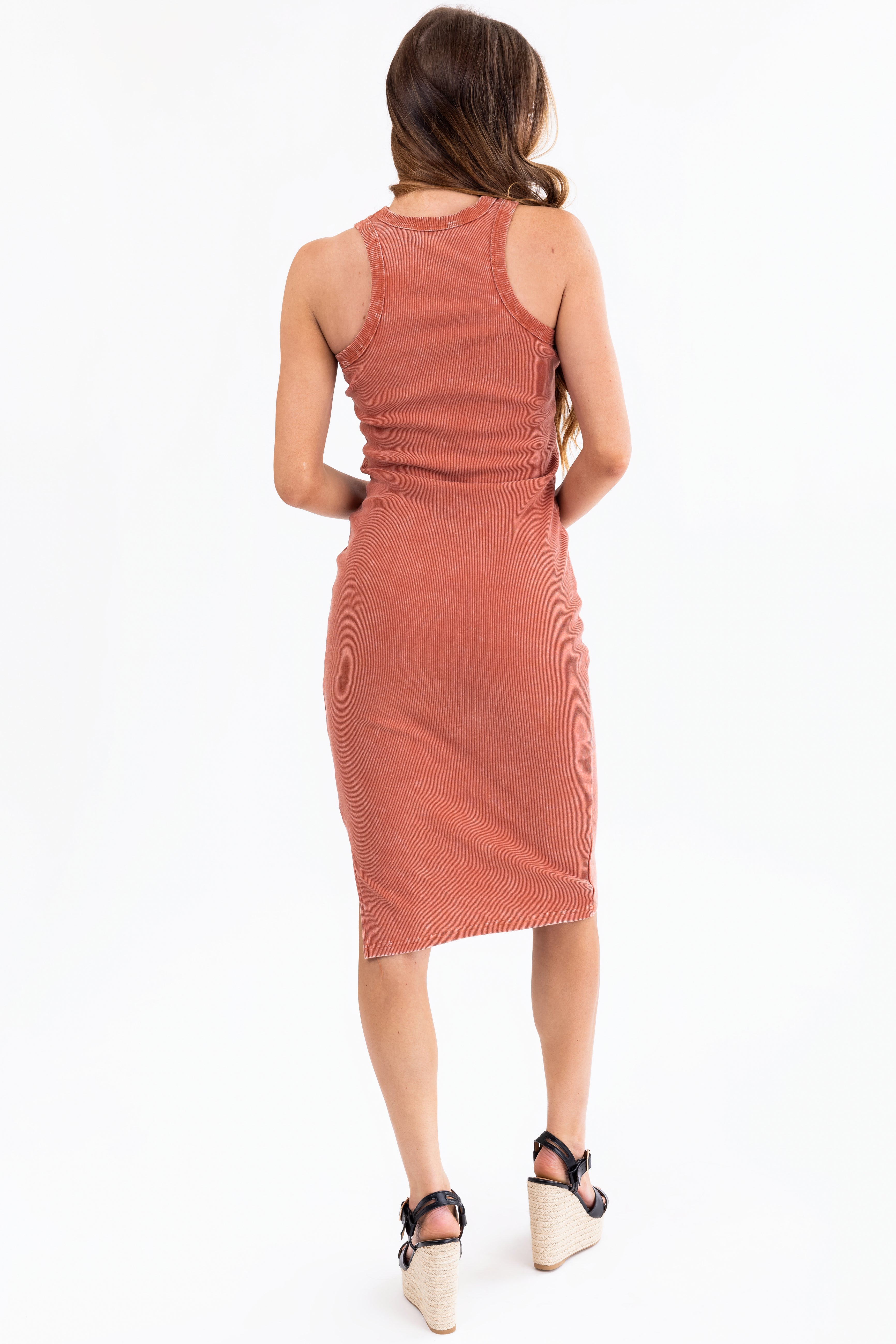 Rust Washed Ribbed Knit Midi Tank Dress